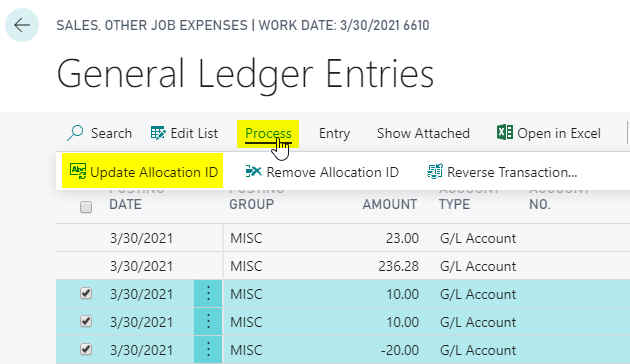 General Ledger Entries Update Allocation ID